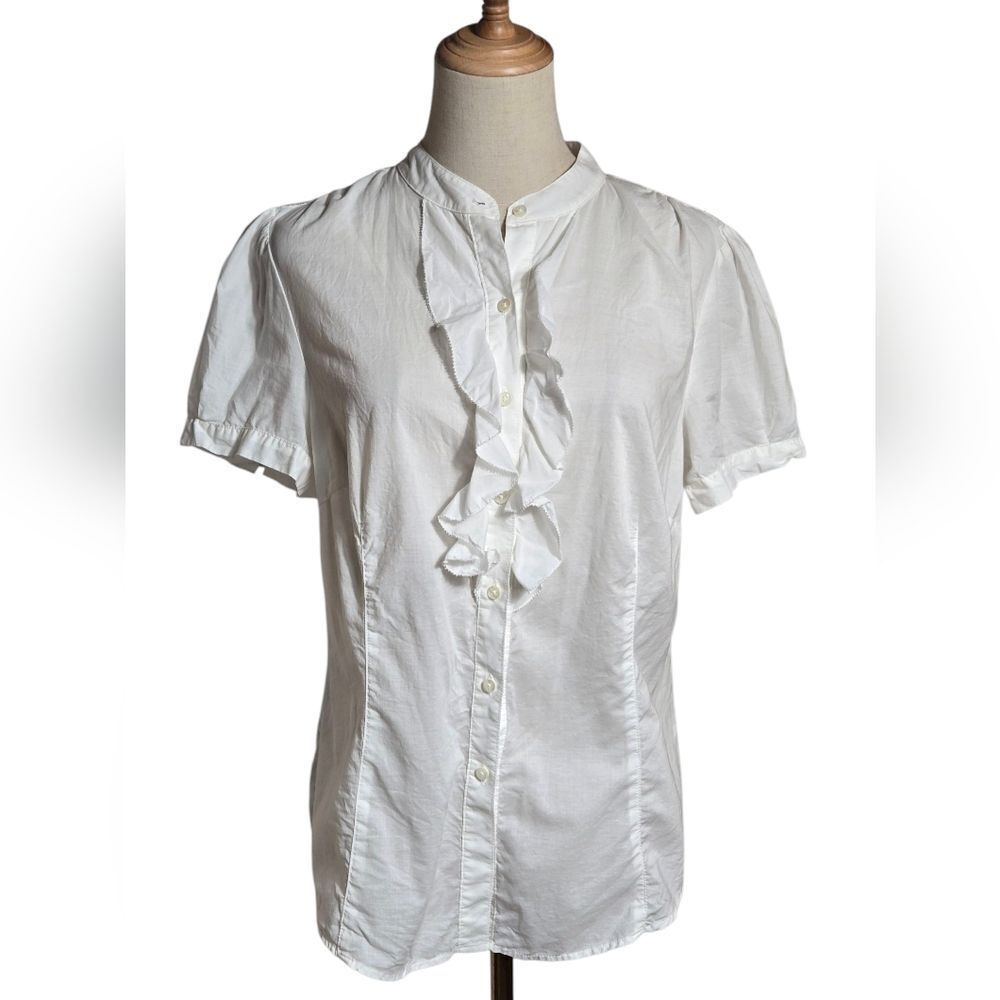 L.L. Bean White Puff Sleeve Sheer Ruffled Blouse